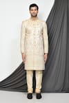 Buy_Aryavir Malhotra_Beige Mulberry Embroidered Zari Vintage Jaal Resham Sherwani _Online_at_Aza_Fashions