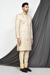 Aryavir Malhotra_Beige Mulberry Embroidered Zari Vintage Jaal Resham Sherwani _at_Aza_Fashions