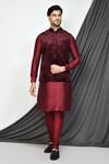 Buy_Aryavir Malhotra_Maroon Velvet Embroidery Paisley Pattern Bundi _at_Aza_Fashions
