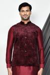 Aryavir Malhotra_Maroon Velvet Embroidery Paisley Pattern Bundi _Online_at_Aza_Fashions