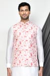 Aryavir Malhotra_Pink Kurta And Dhoti Pant Dupion Silk Printed Geometric Bundi & Set _Online_at_Aza_Fashions