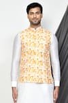 Aryavir Malhotra_Yellow Kurta And Patiala Pant Dupion Silk Printed Hexagon Bundi & Set _Online_at_Aza_Fashions