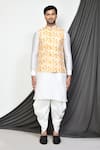 Aryavir Malhotra_Yellow Kurta And Patiala Pant Dupion Silk Printed Hexagon Bundi & Set _at_Aza_Fashions