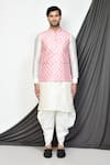 Shop_Aryavir Malhotra_Peach Kurta And Patiala Pant Dupion Silk Printed Floral Bundi & Set _Online_at_Aza_Fashions