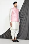 Aryavir Malhotra_Peach Kurta And Patiala Pant Dupion Silk Printed Floral Bundi & Set _at_Aza_Fashions