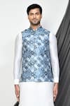 Shop_Aryavir Malhotra_Grey Kurta And Patiala Pant Dupion Silk Printed Tile Bundi & Set _Online_at_Aza_Fashions