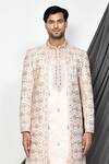 Buy_Aryavir Malhotra_Cream Tuxedo Satin Hand Embroidered Floral Sherwani Pant Set _Online_at_Aza_Fashions