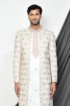 Buy_Aryavir Malhotra_Cream Tuxedo Satin Hand Embroidered Floral Sherwani Pant Set _Online_at_Aza_Fashions