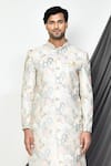 Shop_Aryavir Malhotra_Cream Sherwani Mulberry Hand Embroidered Floral And Pant Set _Online_at_Aza_Fashions