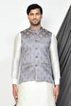 Shop_Aryavir Malhotra_Grey Dupion Silk Leaf Motifs Pattern Nehru Jacket And Kurta Set _Online_at_Aza_Fashions