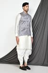 Aryavir Malhotra_Grey Dupion Silk Leaf Motifs Pattern Nehru Jacket And Kurta Set _at_Aza_Fashions