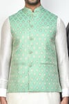 Shop_Aryavir Malhotra_Green Dupion Silk Leaf Motifs Kurta Set With Pattern Nehru Jacket _Online_at_Aza_Fashions