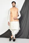 Buy_Aryavir Malhotra_Beige Dupion Silk Leaf Motifs Kurta Set And Pattern Nehru Jacket _at_Aza_Fashions