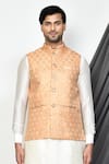 Shop_Aryavir Malhotra_Beige Dupion Silk Leaf Motifs Kurta Set And Pattern Nehru Jacket _Online_at_Aza_Fashions