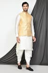 Buy_Aryavir Malhotra_Beige Dupion Silk Leaf Motifs Pattern Nehru Jacket And Kurta Set _at_Aza_Fashions