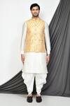 Buy_Aryavir Malhotra_Beige Dupion Silk Leaf Motifs Pattern Nehru Jacket And Kurta Set _Online_at_Aza_Fashions