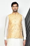 Shop_Aryavir Malhotra_Beige Dupion Silk Leaf Motifs Pattern Nehru Jacket And Kurta Set _Online_at_Aza_Fashions