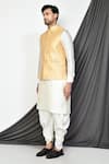 Aryavir Malhotra_Beige Dupion Silk Leaf Motifs Pattern Nehru Jacket And Kurta Set _at_Aza_Fashions