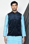 Aryavir Malhotra_Blue Dupion Silk Paisley Pattern Nehru Jacket And Kurta Set _Online_at_Aza_Fashions