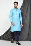 Aryavir Malhotra_Blue Dupion Silk Paisley Pattern Nehru Jacket And Kurta Set _at_Aza_Fashions