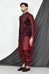 Shop_Aryavir Malhotra_Maroon Dupion Silk Paisley Work Nehru Jacket And Kurta Set _Online_at_Aza_Fashions