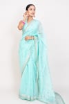 Buy_Monika Mathuria Datta_Blue Cotton Silk Embroidered Thread Sequin Woven Saree With Blouse  _at_Aza_Fashions