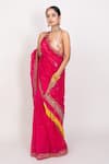 Buy_Monika Mathuria Datta_Pink Cotton Embroidered Thread V-neck Floral Jaal Saree With Blouse  _at_Aza_Fashions