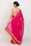 Shop_Monika Mathuria Datta_Pink Cotton Embroidered Thread V-neck Floral Jaal Saree With Blouse  _at_Aza_Fashions