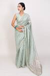 Buy_Monika Mathuria Datta_Green Cotton Silk Embroidered Thread V-neck Sequin Floral Saree With Blouse _at_Aza_Fashions