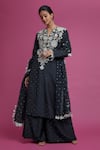Buy_Payal Singhal_Blue Silk Embroidered Abla Notched Round Neck Floral Applique Kurta Palazzo Set _at_Aza_Fashions