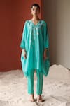 Buy_Shikha Mehta_Blue Chanderi, Silk Embroidery V-neck Aniyah Thread And Mirror Tunic & Pant Set _at_Aza_Fashions