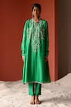 Shikha Mehta Green Silk Organza, Silk, Chanderi Sabrina Flared Side Panel Kurta Pant Set Online at Aza Fashions Shikha Mehta_Green Silk Organza, Silk, Chanderi Sabrina Flared Side Panel Kurta Pant Set _Online_at_Aza_Fashions