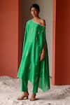 Shop_Shikha Mehta_Green Silk, Chanderi Mirrors, Embroidery Off-shoulder Gul Tunic And Pant Set _Online_at_Aza_Fashions