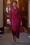 Shop_Chhavvi Aggarwal_Maroon Soft Net Embroidery Cutdana V Neck Jacket And Draped Skirt Set For Women_at_Aza_Fashions