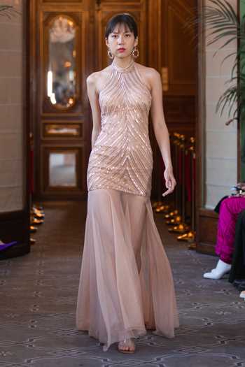 Shop_Chhavvi Aggarwal_Beige Satin, Net Sequins, Cut Work Halter Neck Embroidered Dress _at_Aza_Fashions