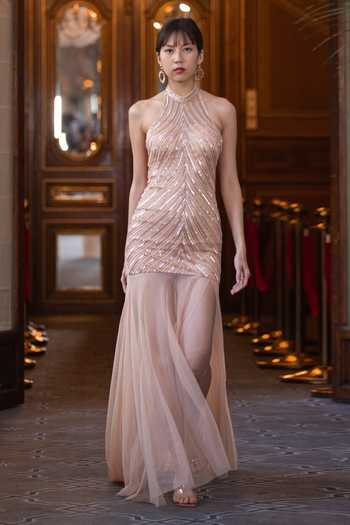 Chhavvi Aggarwal_Beige Satin, Net Sequins, Cut Work Halter Neck Embroidered Dress _Online_at_Aza_Fashions