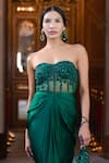 Chhavvi Aggarwal_Green Bamboo, Linen Sequins, Cut Work Bodice Embroidered Pre-draped Gown _at_Aza_Fashions