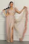 Buy_Meenagurnam_Pink Georgette Embroidered Beads Leaf Feather Hem Pre-draped Saree With Blouse _at_Aza_Fashions