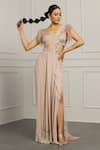 Buy_Meenagurnam_Pink Georgette Embroidered Beads Leaf Feather Hem Pre-draped Saree With Blouse _Online_at_Aza_Fashions