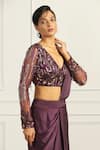 Shop Meenagurnam Purple Net, Silk Beads, Sequins V-neck Pre-draped Saree With Embellished Blouse Online at Aza Fashions Shop_Meenagurnam_Purple Net, Silk Beads, Sequins V-neck Pre-draped Saree With Embellished Blouse _Online_at_Aza_Fashions