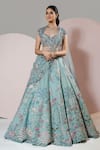 Buy_Sonia Bansal_Blue Organza Hand Embroidery Floral Sweetheart Neck Resham Lehenga With Blouse _at_Aza_Fashions