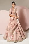 Buy_Sonia Bansal_Pink Organza Embroidery Sequins Sweetheart Neck Floral Hand Bridal Lehenga Set _at_Aza_Fashions