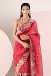 Shop_Sonia Bansal_Red Organza Embroidery Resham V Neck Pearl And Saree With Blouse _at_Aza_Fashions