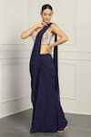 Shop_MeenaGurnam_Blue Georgette Mirror Work Embroidered Draped Sharara Saree With Floret Blouse_at_Aza_Fashions