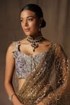 Buy_tara thakur_Brown Butterfly Net Embroidered Thread Sweetheart Blouse And Pre-draped Saree Set _Online_at_Aza_Fashions