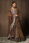 Shop_tara thakur_Brown Butterfly Net Embroidered Thread Sweetheart Blouse And Pre-draped Saree Set _Online_at_Aza_Fashions