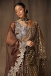 tara thakur_Brown Butterfly Net Embroidered Thread Sweetheart Blouse And Pre-draped Saree Set _at_Aza_Fashions