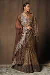 Buy_tara thakur_Brown Butterfly Net Embroidered Thread Sweetheart Blouse And Pre-draped Saree Set _at_Aza_Fashions