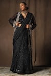 tara thakur_Black Butterfly Net Embroidered Thread Deep V Neck Jacket Pre-draped Saree Set _Online_at_Aza_Fashions