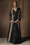 Buy_tara thakur_Black Butterfly Net Embroidered Thread Deep V Neck Jacket Pre-draped Saree Set _Online_at_Aza_Fashions